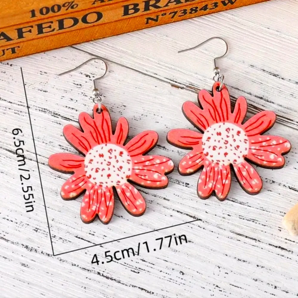 FLOWER Hippie DESIGN EARRINGS DOUBLE SIDE 925S French Hook - Picture 3 of 4